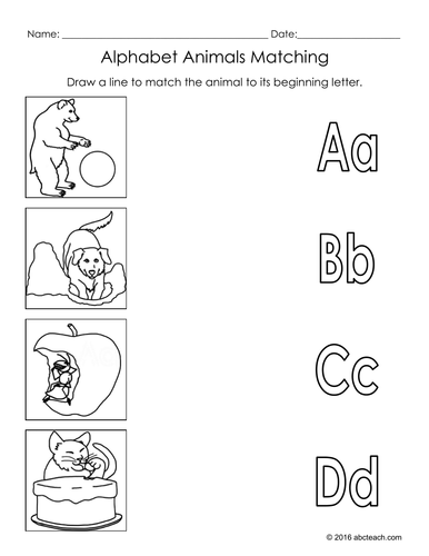 Alphabet Animals Matching Worksheet Set