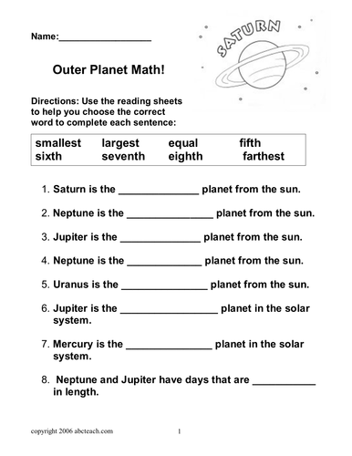 Worksheets: Outer Planet Math (elem/ upper elem)