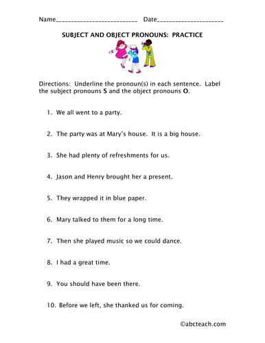 Worksheet: Subject & Object Pronouns (elem)