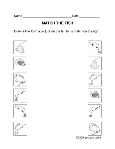 Worksheet: Matching - Fish (prek/primary) -b/w