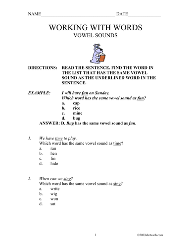 Worksheets: Vowel Sounds (primary)