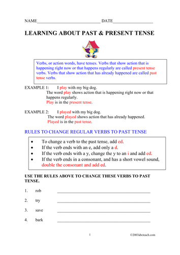 Worksheet: Past and Present Tense Verbs (elem/upper elem)