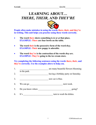 Worksheets: There, Their, and They're (elem)
