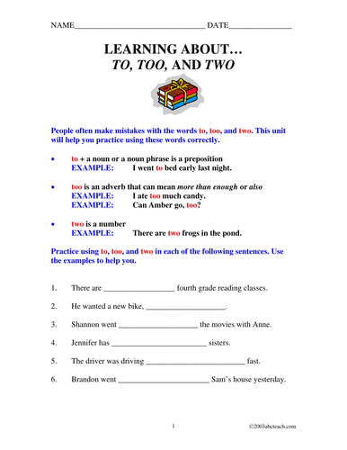 Worksheets: To, Too, and Two (elem)