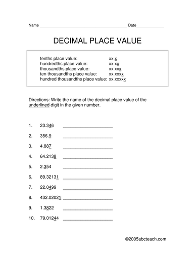Worksheet: Decimal Place Value (upper elem)