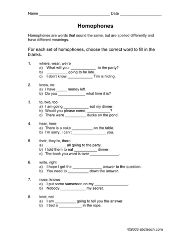 Worksheets: Homophones (elementary)