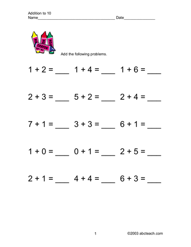 Worksheets: Addition up to 10 (horizontal)