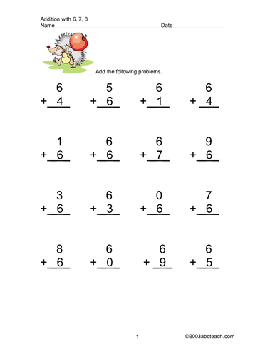 Worksheet: Addition with 6, 7 and 8