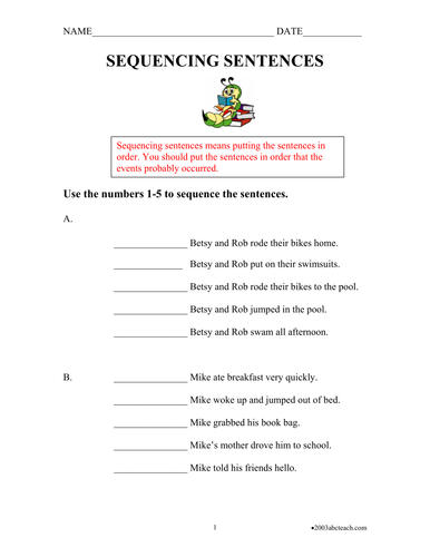 Worksheet Sentence Sequencing elementary Teaching Resources