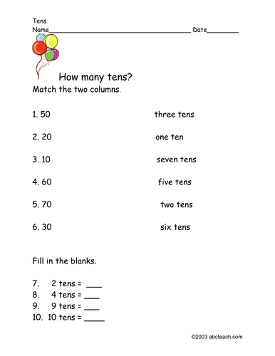 Worksheet: Tens (primary/elem)