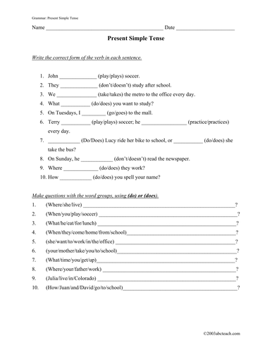 Worksheet: Present Simple (elem/ESL)