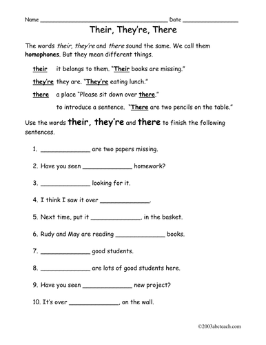 Worksheet: There, They're, Their (elem)