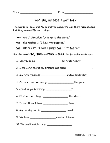 Worksheet: To Too Two (elem) Teaching Resources