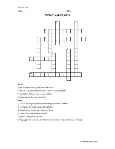 Crossword: Rain Forest: Plants Medicinal (upper elem/middle