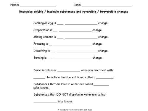 Reversible & Irreversible Changes & Soluble & Insoluble Substances KS2 Lesson Plan & Worksheets
