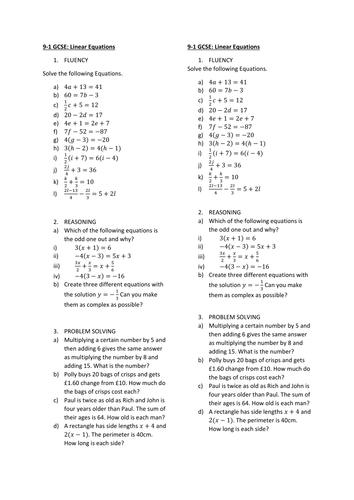 New Maths 9-1 GCSE Fluency-Reasoning-Problem Solving: Linear Equations