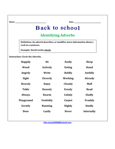 Back to School Worksheet 'Identifying Adverbs' (2nd & 3rd Grade)