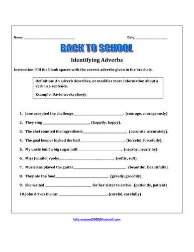 Back to School Worksheet 'Identifying Adverbs' (K-3)