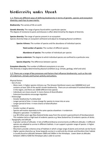 A2 Edexcel Geography Unit 3 Contested Planet BIODIVERSITY UNDER THREAT revision notes