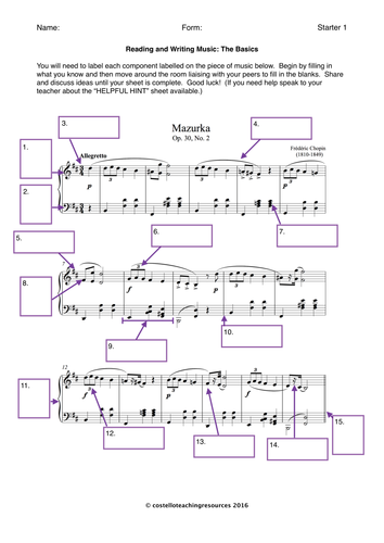 KS4 NEW GCSE OCR Edexcel AQA 2016 Starter and Homework Activity 1 Music Theory The Basics