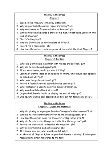 The Boy in the Dress by David Walliams Comprehension Questions