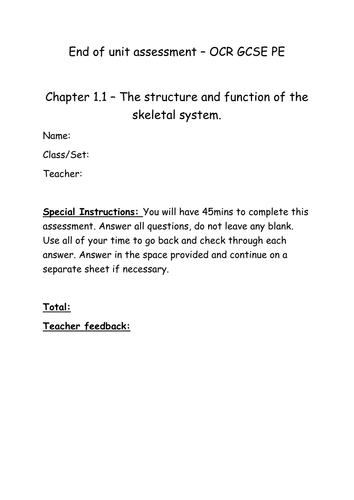 Chapter 1.1 Skeletal system assessment and mark scheme for OCR GCSE PE 2016 spec