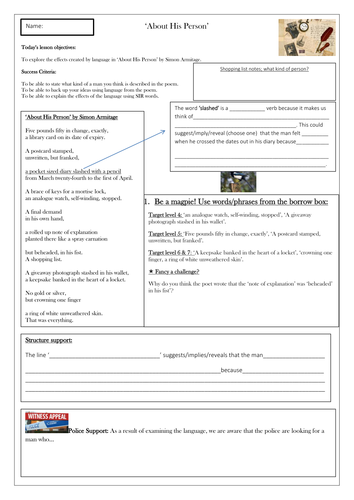 'About His Person' by Simon Armitage - fully resourced poetry lesson. Observation friendly.