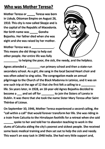 Mother Teresa Cloze Activity