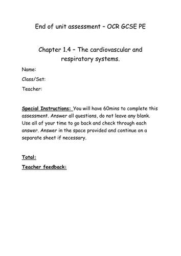 Chapter 1.4 The cardio-respiratory system assessment and mark scheme for OCR GCSE PE 2016 spec