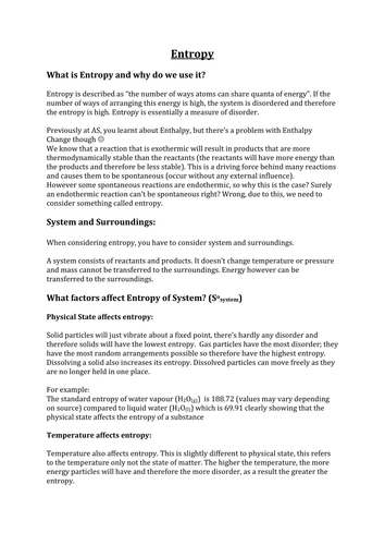 A2 Chemistry - Entropy (Including Enthalpy of Solution Calculations and Kinetic Feasiblity)