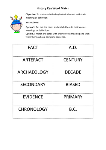 History Key Word Card Matching Exercise Teaching Resources