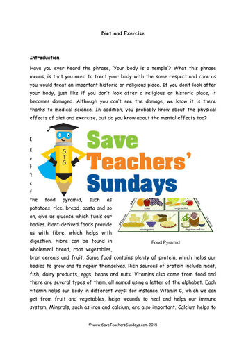 Diet and Exercise  KS2 Lesson Plan, Information Text  and Worksheet