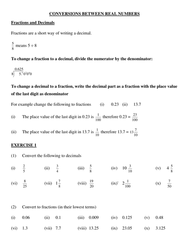 Converting between fractions, decimals and percentages.