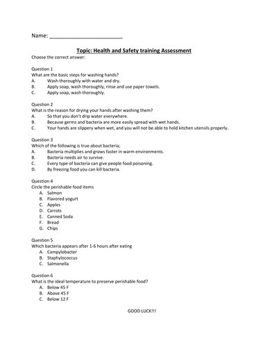Basic assessment for health and hygiene safety training