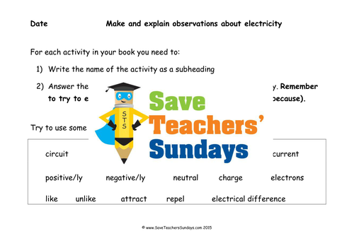 Electricity Mini-Investigations  KS2 Lesson Plan, Instruction sheet and Writing Frame