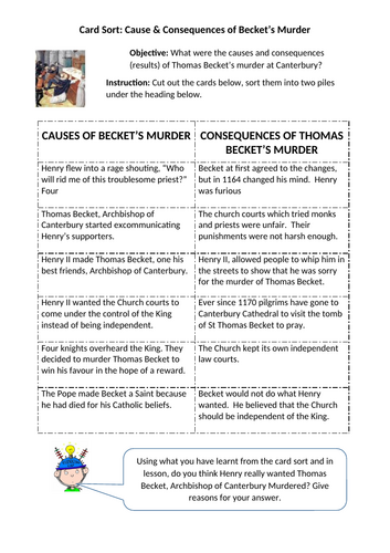 Thomas Becket's Murder - Causes & Consequences Card Sort