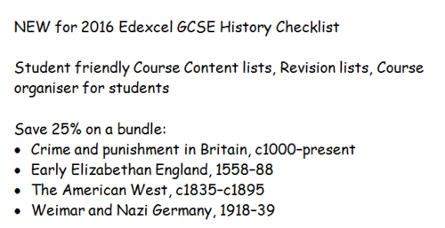 NEW for 2016 Edexcel GCSE History Checklist Crime, Elizabeth,  American West, Germany