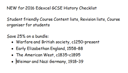 NEW for 2016 Edexcel GCSE History Checklist War, Elizabeth, American West, Germany