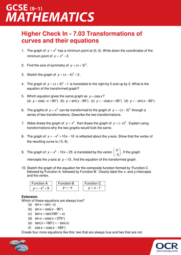 OCR Maths: Higher GCSE - Check In Test 7.03 Transformations of curves and their equations
