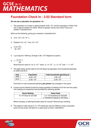 OCR Maths: Foundation GCSE - Check In Test 3.02 Standard form