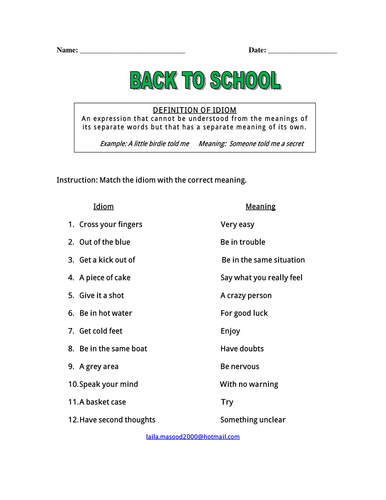 Back to School Worksheet of Idioms
