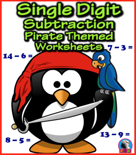 Single Digit Subtraction - Pirate Themed Worksheets - Horizontal