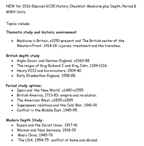 NEW for 2016 Edexcel GCSE History Checklist: Medicine plus Depth,  Period & MWH Units