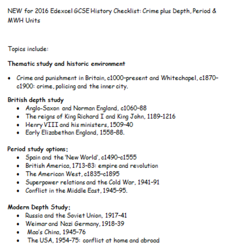 NEW for 2016 Edexcel GCSE History Checklist: Crime plus Depth, Period & MWH Units