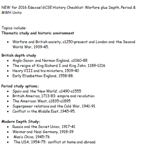 NEW for 2016 Edexcel GCSE History Checklist: Warfare plus Depth, Period & MWH Units