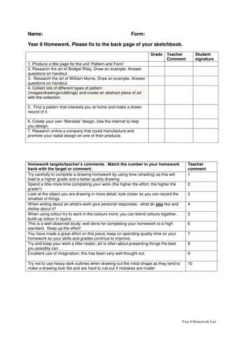 Homework list, Pattern and Form unit Year 8