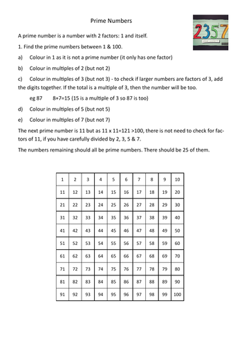 Prime Numbers worksheet and PowerPoint