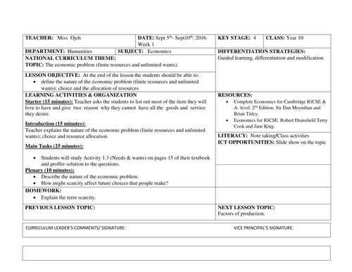 Economics IGCSE Lesson Plan (week 1) YR 10