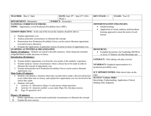 Economics IGCSE Lesson plan week 3 (year 10)