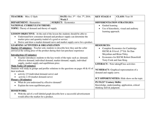 Economics IGCSE Lesson plan WEEK 5 (YEAR 10)